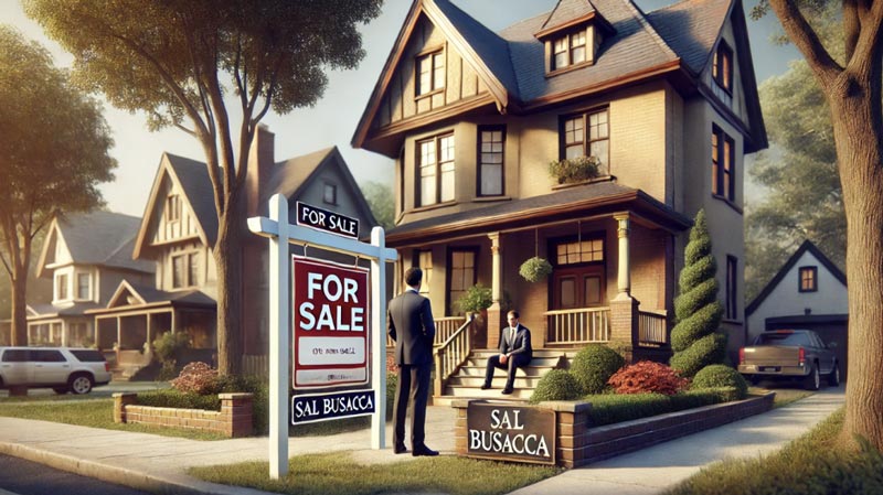Seller and Buyer having a conversation in front of house.