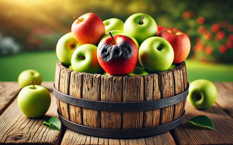 A bunch of apples in which one apple is rotten.