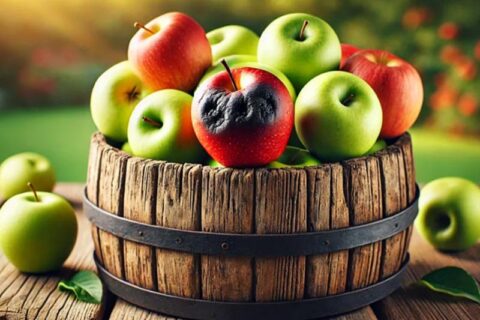 A bunch of apples in which one apple is rotten.