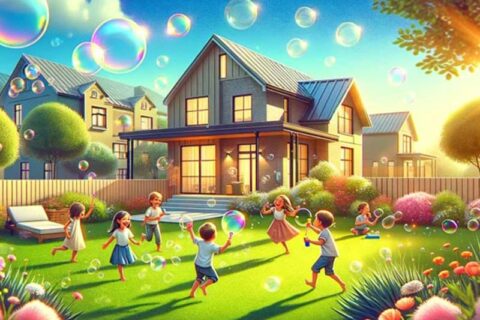 Some kids are playing in backyard with bubbles.